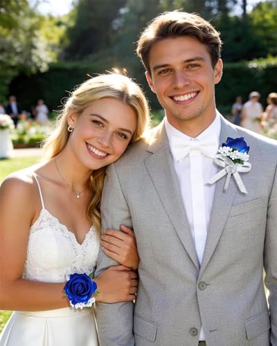 2Pcs Royal Blue Rose Corsage and Men Boutonniere Set Women Wristlet Band Wrist Bracelets, for Prom Wedding Ceremony Flowers Decorations and Homecoming Party Accessories - color: Royal Blue, size: 1 Boutonniere & 1 Wrist Corsage
