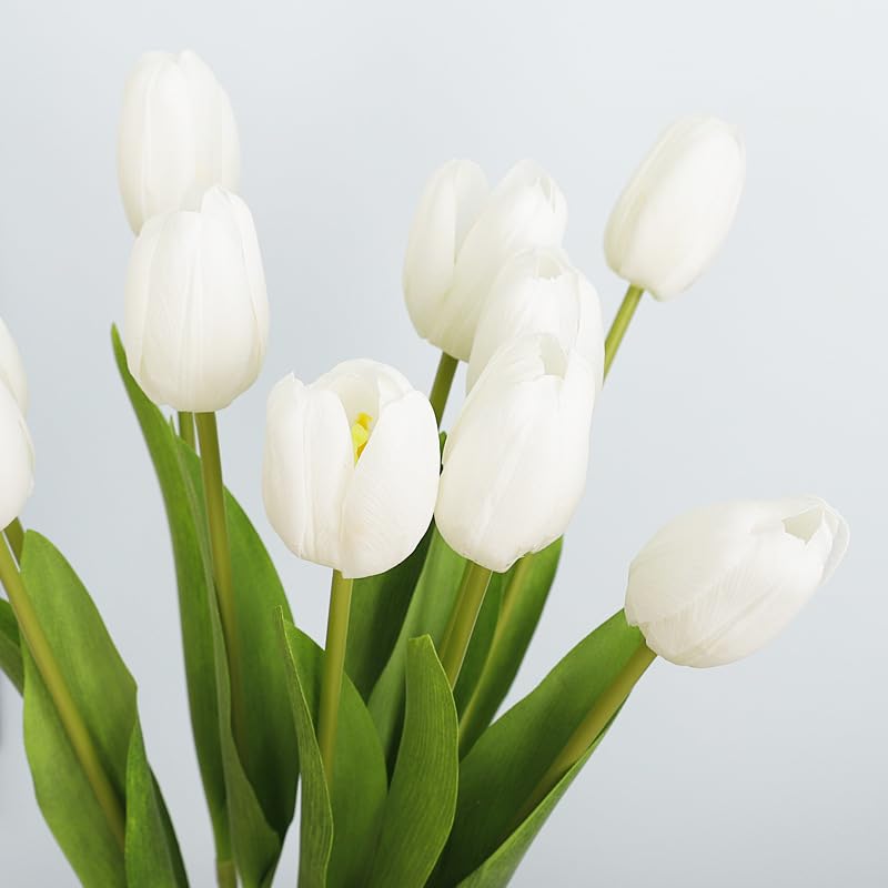 Artificial Flowers Tulips Fake Flowers Real Touch Latex Tulips Faux Flowers Bouquet for Wedding Party Arrangements Home Decor and Baby Shower Centerpieces (10, White) - color: White