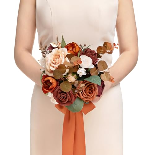 Ling's moment Terracotta Artificial Wedding Flower Bouquets for Bridesmaids Burnt Orange Floral Bouquet Rust Bridal Bouquets for Bridesmaids with Ribbon Ceremony Anniversary,7-inch Diameter - color: Or-gradual Terracotta