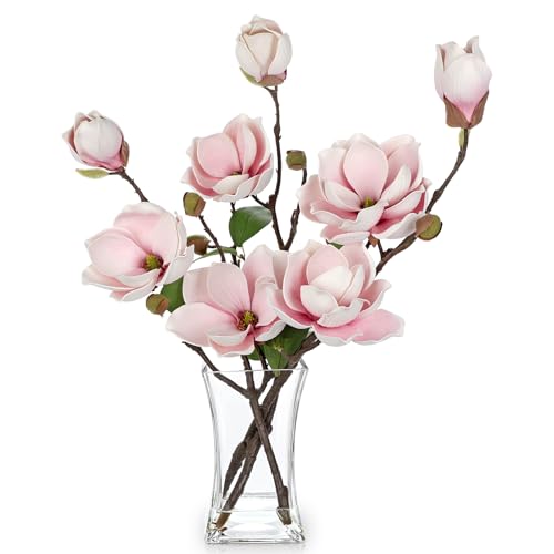 Briful Artificial Magnolia Flower Arrangement with Glass Vase, 18.5in Pink Faux Magnolia Flowers Fake Floral Centerpiece for Eleglant Home Office Room Table Shelf Décor - color: Pale Pink