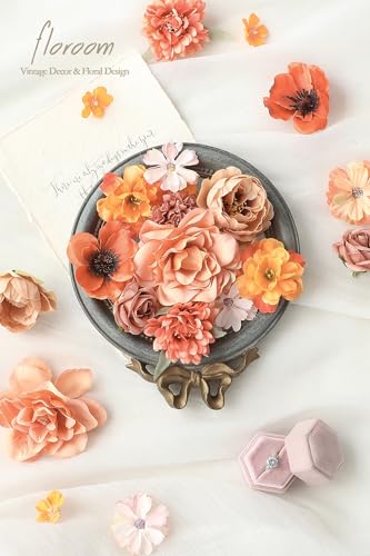 Floroom Mini Artificial Flower Heads Burnt Orange & Terracotta Fake Peony Daisy Rose Multicolor Small Faux Silk Flower Heads for Cake Craft Garland Wedding Party Graduation Cap DIY Home Decoration - color: Dusty Bloom Terracotta