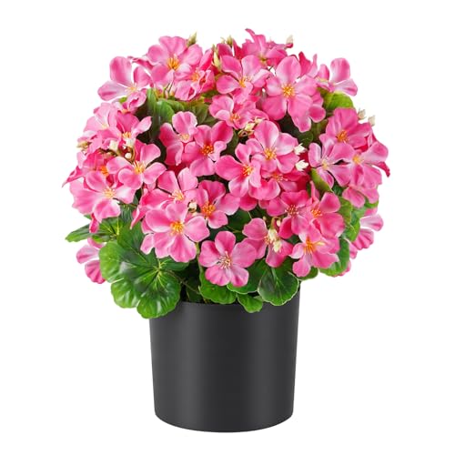 Artificial Geranium Flowers in Pot for Outdoors Fake Plants 14 Inch Faux Flowers Spring Summer Decoration for Home Front Door Garden Planter Patio Balcony Yard Indoor Outdoor (Pink) - color: Pink