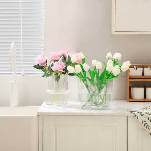 Ribbed Vase, Fluted Glass Vase for Flowers, Clear Flower Vases for Tulips, Modern Vases for Living Room, Dining Table, Office, Bedroom, Mantle, Shelf, Wedding, 7 Inch - color: Clear, size: Oval 7 Inches