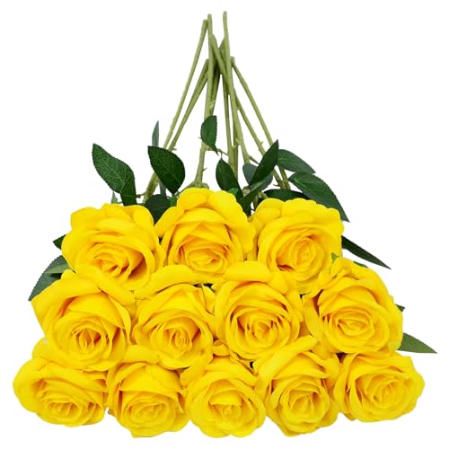 12pcs Rose Artificial Flowers, Fake Rose Silk Flower Bouquet, Faux Roses with Stems - 50cm, Roses Decor for Wedding & Home Decoration (Yellow) - color: Yellow