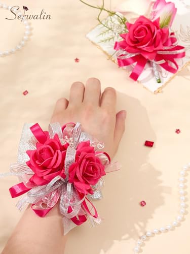 Serwalin Hot Pink Prom Corsage and Boutonniere Set, Artificial Calla Lily & Rose Wrist Corsage Wristlet for Homecoming, Formal Dance, Wedding Flowers Accessories Party Suit Decorations - color: Hot Pink