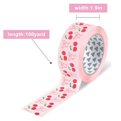 Whaline Cherry Bow Packing Tape 100 Yard Pink Coquette Sticky Wrapping Tape Waterproof Shipping Tapes for Small Business DIY Crafts Box Supplies - style: Cherry