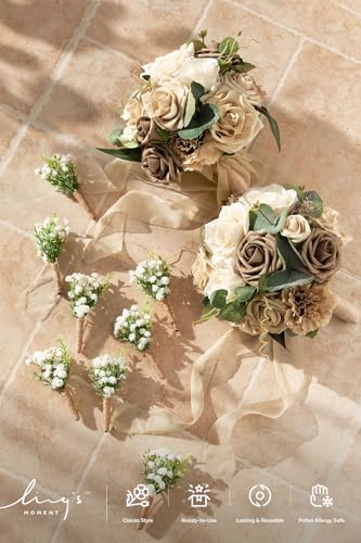 Ling's moment Artificial Bridesmaid Bouquets Set of 4,Oatmeal Beige Wedding Flower Bouquets Floral Bouquet Bridal Bouquets with Ribbon Ceremony Anniversary,7-inch Diameter - color: Br-beige