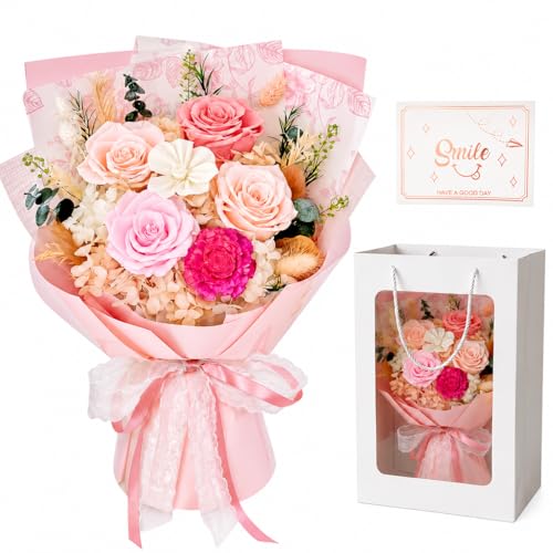 Pink Preserved Flowers Bouquet, Eternal Real Flower for Women Real Roses That Last 3 Years Handmade Floral Arrangement for Mother's Day Birthday Gifts Anniversary Surprise for Mom Women Her - color: Pink