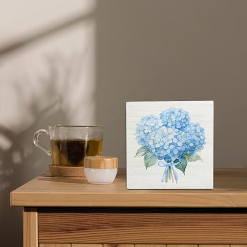 Blue Hydrangea Bow Wooden Signs,Blue Bow Spring Flowers Bouquet Wooden Box Sign,Watercolor Hydrangea Floral Decor For Home Desk Tabletop Shelf Decoration 5x5 Inches - color: Hydrangea Bow