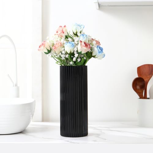 Black Glass Vase for Flowers, Ribbed Glass Vase for Tulips, Black Modern Vases, Tall Cylinder Glass Vases for Living Room, Bedroom, Dining Table, Office, Wedding, Bookshelf, 12 Inches - color: Black, size: 12''