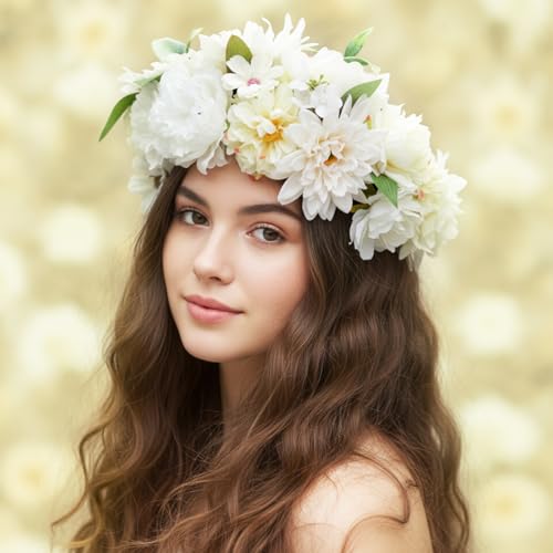 Janinka 100 Pcs White Assorted Fake Flower Heads with Long Stem Mini Artificial Flower Bulk Mix Silk Faux Daisy for Crafts Fake Peony Rose for DIY Wedding Party Wreath Home Decoration - color: White
