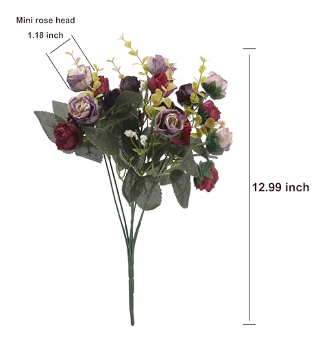 Duovlo 7 Branch 21 Mini Rose Heads Artificial Flowers Bouquet Wedding Home Office Decor,Pack of 2 (2 PCS Purple) - color: 2 Pcs Purple