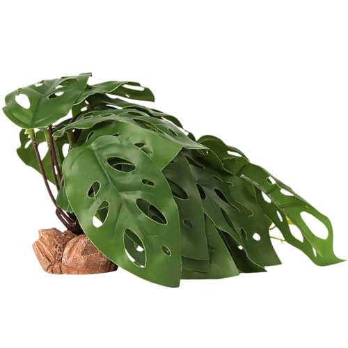 Reptile Plants for Terrarium, Ball Python Tank Decor Accessories fit Bearded Dragon Crested Leopard Gecko Lizard Chameleon Snake Frog Tortoise Hermit Crab - Fake Swiss Cheese Plants - color: B-fake Swiss Cheese Plants