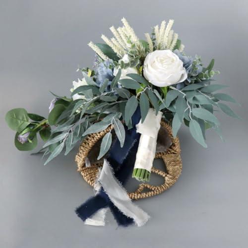 9.1 Inch Cascading Bridal Bouquet Waterfall Cascade Wedding Bouquet Bride with Artificial Rose Peony Flower Rustic Boho Wedding Ceremony Bouquet Dusty Blue - color: Dusty Blue