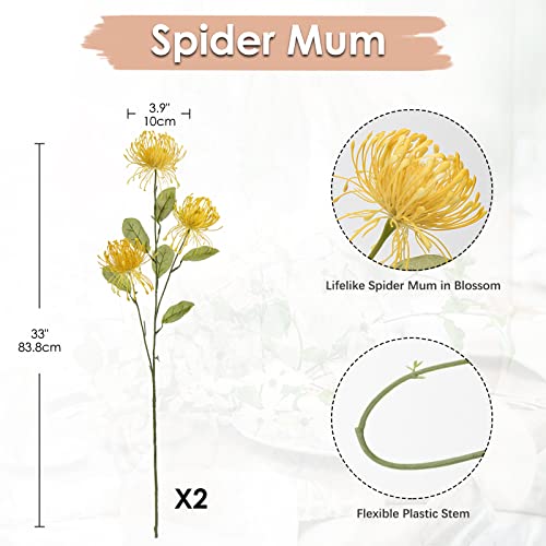 Hollyone 33" Yellow Artificial Mums Flowers Chrysanthemum Flowers 2Pcs Fake Spider Mum Flower Arrangement Faux Pincushion Flower with 3 Heads Long Stem for Party Centerpiece Bouquet Home Decor - color: Yellow