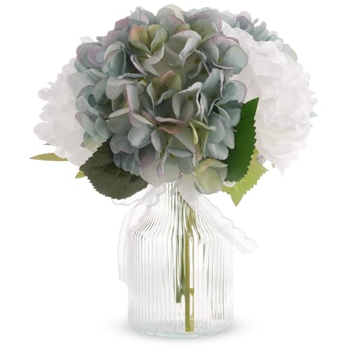 Fake Flowers in Vase,11" Full Silk Blue Hydrangea Artificial Flowers Arrangment with Glass Bud Vase for Centerpiece Table Decoration for Home Bathroom Bedroom Office Desk Decor Indoor(Blue) - color: Dusty Blue