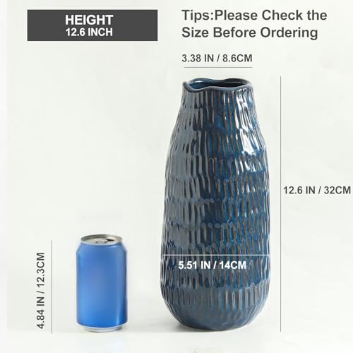 Blue Ceramic Vase for Home Decor, 12.6 Inch Tall Flower Vase with Modern Textured Finish,Decorative Floor Vase for Pampas Grass, Entryway, Living Room, Dining Table, Farmhouse or Office - color: Blue-12.6inch