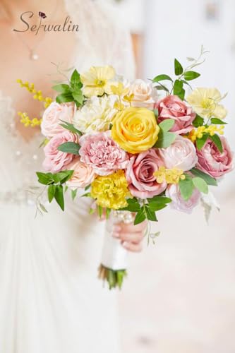 Serwalin Artificial Flowers,Pink Yellow Silk Fake Flowers Box for DIY Wedding Bridal Bouquet, Wedding Cake Flowers for Table Centerpieces Birthday Party Bridal Shower Home Decorations - color: A Pink Yellow, size: 1 Box