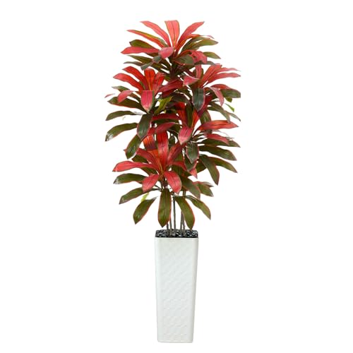 Artificial Dracaena Tree：7FT Faux Silk Tropical Yucca Floor Trees Realistic Fake Green Plant with Natural Wood Trunk & Lifelike Leaves for Home Office Decor Indoor & Outdoor (7FT,1-Pack,White) - color: Burgundy – White Pot, size: 7FT