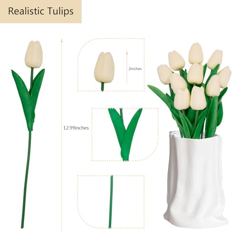 10 Pcs Faux Tulips Artificial Flowers with Stems, 13 Inch Artificial Tulips Flower Realistic for Wedding Bouquet, Table Centerpiece, Birthday Party (Milk White) - color: Milk White