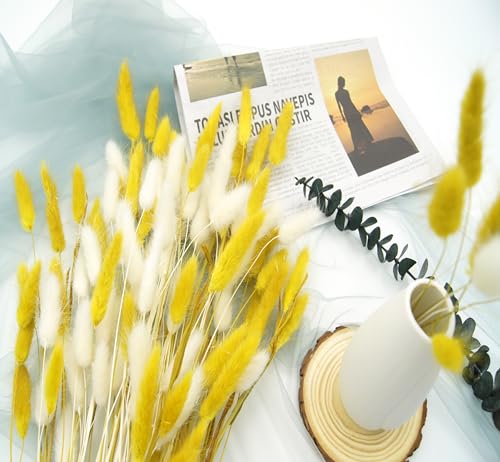 Dried Bunny Tails Flowers 120pcs Tail Dried Flowers Pampas Grass Natural Dried Floral Arrangement 17" for Christmas Halloween Boho Decor Home Wedding DIY Craft Decoration(White and Yellow) - color: Yellow