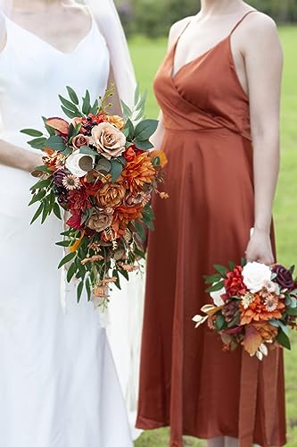 Ansofi 11" Burnt Orange Wedding Bouquets for Bride Rustic Boho Cascading Bridal Bouquet Flowers for Fall Vintage Wedding Party Ceremony Decor - color: Bridal Bouquet, size: 17.72 inches high, 11 inches in diameter