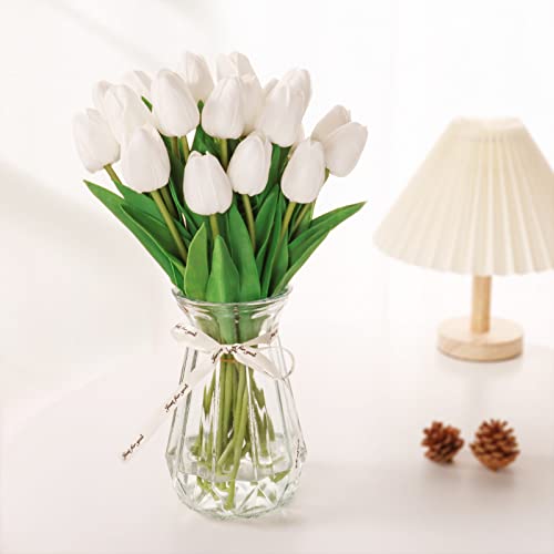 10Pcs White Fake Tulips Faux Tulips with Stems Artificial Flowers for Decoration White Fake Flowers Spring Bouquet for Home Decor Wedding Bridal Party - color: White