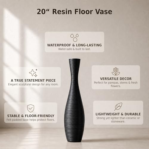 Leewadee Decorative Tall Floor Vase for Living Room Decor, 20″, Black, Resin - color: Black, size: 20 inches