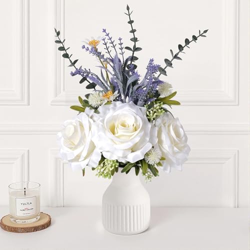 Artificial Flowers in Vase, Silk Roses Flowers Artificial Eucalyptus Lavenders Small Daisies and Fake Plants in White Ceramic Vase, Farmhouse Floral Arrangements Dining Table Centerpiece Décor - color: White