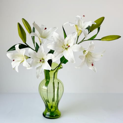 YalzoneMet 2 Pcs White Stargazer Lily Artificial Flowers for Decoration, 28 inch Long Stems Real Touch latex Fake Flowers, Faux Silk Easter Lily for Spring Indoor Home Office Wedding Table Centerpiece - color: White