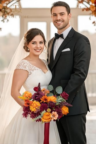 TINGE TIME Silk Fake Flowers Combo, Fake Foam Dahlia with Stems for DIY Wedding Bouquets Centerpieces Baby Shower Party Home Decorations(Burgundy & Burnt Orange) - color: Burgundy & Burnt Orange