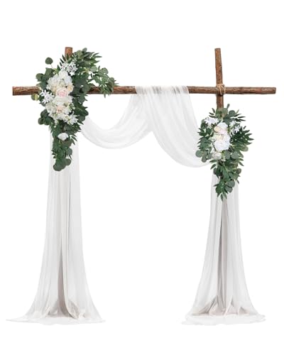 VEVOR Artificial Wedding Arch Flowers Kit, White Wedding Arch Flowers with Drapes Kit (Pack of 4) - 2 Pcs Floral Arrangement, 2 Pcs Sheer Drapes, for Ceremony Bouquets Reception Backdrop Decoration - color: White, size: 4 Pcs