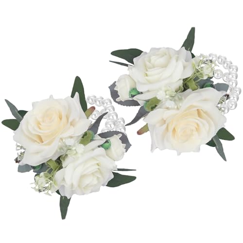 Rinlong 2Pcs White Rose Wrist Corsage for Wedding, Prom, Homecoming | Bridesmaid Wristlet, Mother of the Bride Flower Corsage - color: 03-white Green