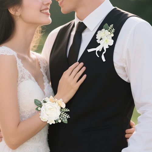 2Pcs Wedding Corsage and Boutonniere Set White Rose Corsage Wristlet and Boutonniere for Men Women Groom Bride Bridesmaid Groomsmen Wedding Party Accessory Prom Decoration (White) - color: White