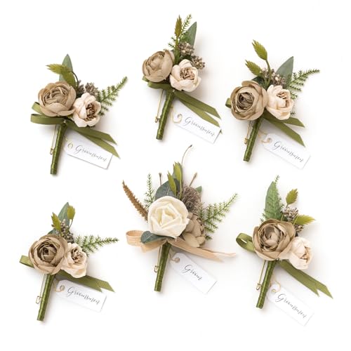Ling's moment Boutonniere for Men, 6pcs Groom Groomsmen Boutonniere, Artificial Flowers for Wedding Decor/Prom/Homecoming, etc.Brown - color: Brn-brown