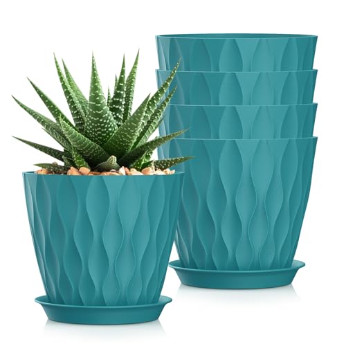 7 Inch Plant Pots 5 Pack, Flower Planters with Drainage Holes and Trays,Plastic Pots for Indoor Outdoor Plants,Green - color: Blue-green, size: 7inch 5pc