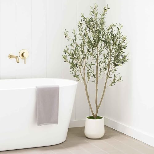 Artificial Olive Tree 6FT Tall Faux Olive Tree Artificial Indoor with Natural Wood Trunk and Lifelike Fruits Realistic White Planter Potted for Home Office Living Room Decor - size: 6ft