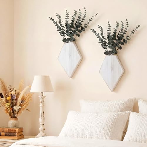 Chunful 2 Pcs Wooden Wall Planter Decor Hanging Faux Plants Greenery Flowers Holder Vase Boxes for Wall Bohemian Farmhouse Room Kitchen Office Indoor Decoration(Retro White,9.8 x 6.6 x 1.2 Inches) - color: Retro White, size: 9.8 x 6.6 x 1.2 inches