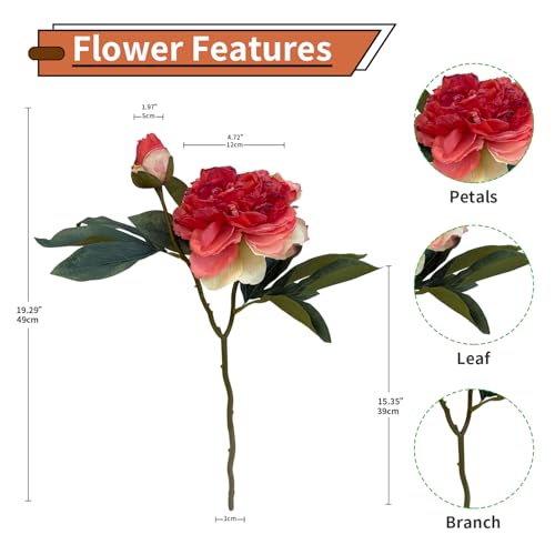 4 PCS Premium White Peonies Artificial Flowers,19.2’’Fake Faux Silk Peonies for Centerpieces Wedding Home Decor (4, Coral) - color: Coral