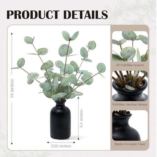 Artificial Eucalyptus Stems in Ceramic Vase, 14'' Fake Plants Greenery Stems for Home Decor Eucalyptus Plant for Bathroom Farmhouse Room Coffee Table Centerpiece Desk Shelf Faux Branches Decorations - color: Green Eucalyptus - Black Round Ceramic Vase