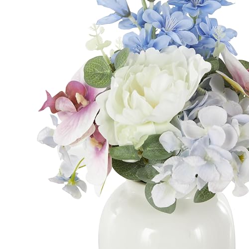 Deco 79 Fabric Artificial Flower with Green Leaves and Round Ceramic Vase, 10" x 10" x 18", White - color: White, size: 10" x 10" x 18"