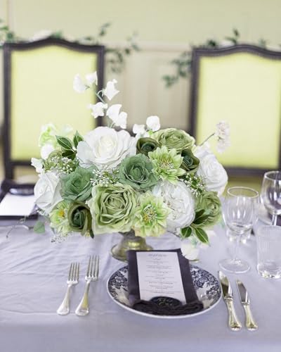 FACINOC Rose Artificial Flowers White Fake Flower Bulk for DIY Wedding Bouquet Bridal Baby Shower Decorations Party Table Centerpieces Cake Decorating Silk Floral Arrangement Home Decor Indoor Green - color: White, Green
