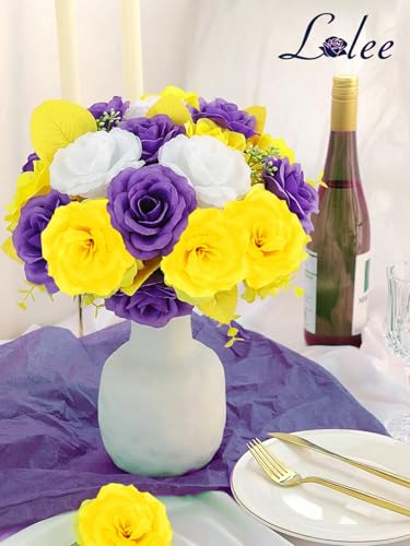 LELEE 108pcs Roses Head Flowers with Stem, Yellow Purple White Artificial Flowers Rose Bulk, Silk Rose Fake Flower for Memorial Day Wedding Bouquet DIY Baby Shower Centerpieces Outdoor Grave Decor - color: Yellow-purple-white