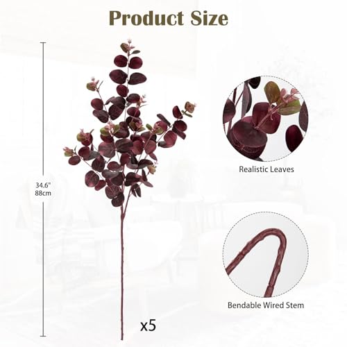 GnFlus 5 Pcs Artificial Eucalyptus Stems 30" Fake Silk Plants for Floral Arrangements, Fake Plant Farmhouse Decor, Home Wedding Decorations (Wine Red) - color: Burgundy