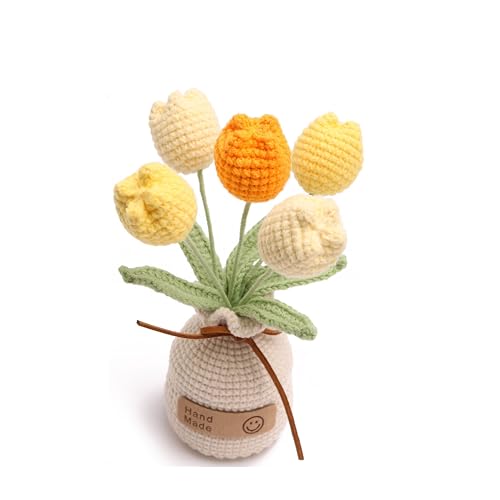 Handmade Tulips, Artificial Plant Crochet Flowers， Tulips Suitable for Home Room, Table, Office Ornaments and Birthday Gifts Suitable for Family and Friends Anniversary (5 Flowers-Yellow) - color: Yellow B, size: B