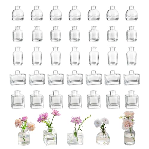 Small Glass Bud Vases for Centerpieces - Hewory 40pcs Clear Sturdy Cute Flower Vases Bulk, Mini Bottle Vase for Wedding Home Decor Birthday Party Events Mother's Day Bridal Shower Gifts Table Decor - color: Clear, size: Mini-40pcs