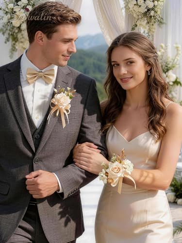 Serwalin Champagne Rose Corsage and Boutonniere Set, 2 Pcs Boutonniere and Wrist Corsage Wristlet Prom Flowers Wedding Ceremony Party Accessories Suit Decorations - color: Champagne, size: 1 Boutonniere & 1 Wrist Corsage - 2pcs