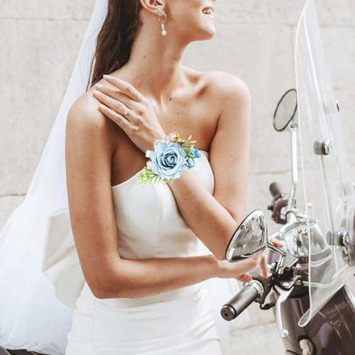 2 Pcs Blue Rose Wrist Corsage and Boutonniere Set, Rose Corsage Hand for Women, Boutonniere for Men Wedding Artificial Flowers Accessories Prom Decor, Wedding Flower Party Accessories (Blue) - color: Blue