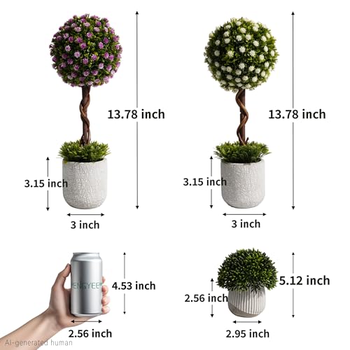 3 Pack Small Fake Plants 14 Inch in Farmhouse Concrete Planter, Artificial Boxwood Topiary ball Indoor for Home Decor, Small Faux Plants for Bathroom Bedroom Shelf Office Kitchen Room Decor - Flowers - color: White Purple-flowers