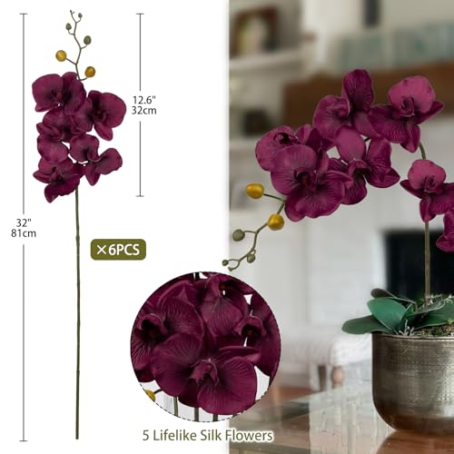 6PCS 32" Artificial Orchid Stems Purple Butterfly Orchid Faux Phalaenopsis Flowers for Home Wedding Centerpieces Office Table Decorations Real Touch Silk Orchids for DIY Floral Arrangements - color: Purple